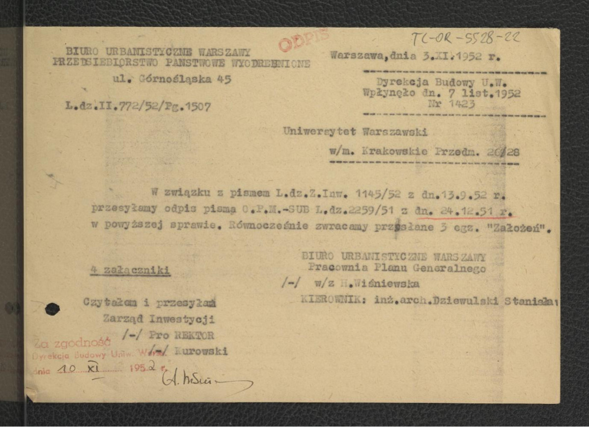 2 odpisy zawiadomienia z 3 listopada 1952 r. ze strony Pracowni Planu Generalnego Biura Urbanistycznego Warszawy dla Uniwersytetu Warszawskiego o przesłaniu odpisu pism w sprawie Założeń projktowych dla terenów tej uczelni , skan 2