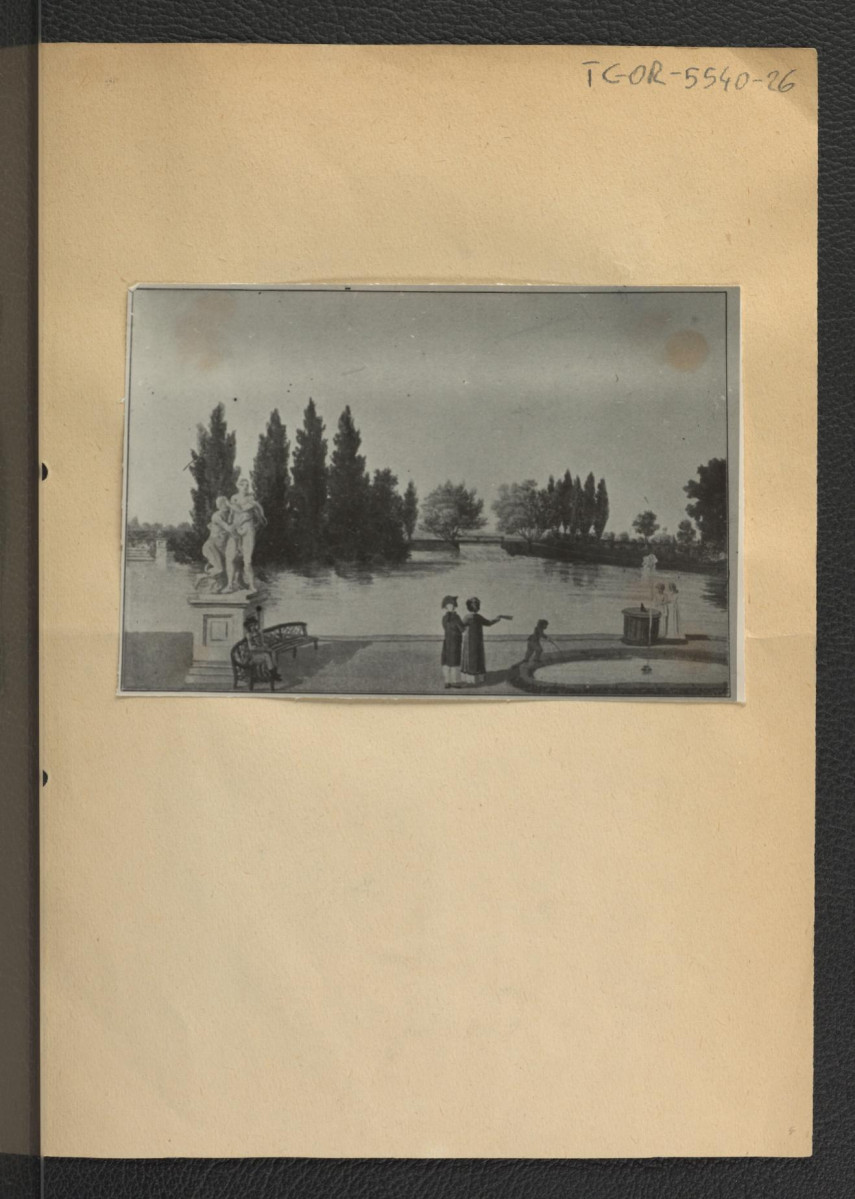 fotografia czarno-biała obrazu przedstawiającego widok sprzed pałacu na staw, skan 1