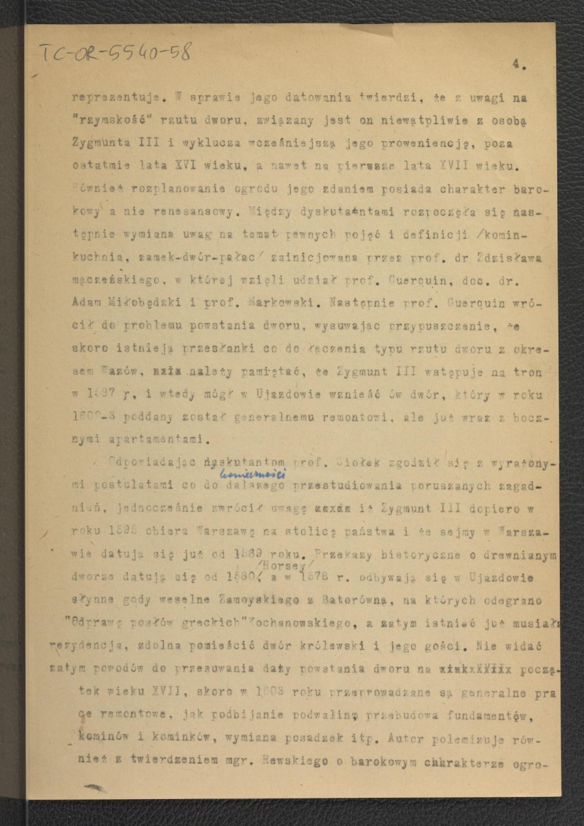 sprawozdanie z zebrania naukowego z 21 grudnia 1959 r. poświęconego referatowi autorstwa G. Ciołka pt. Plan Ujazdowa z roku 1606; dwie karty , skan 4