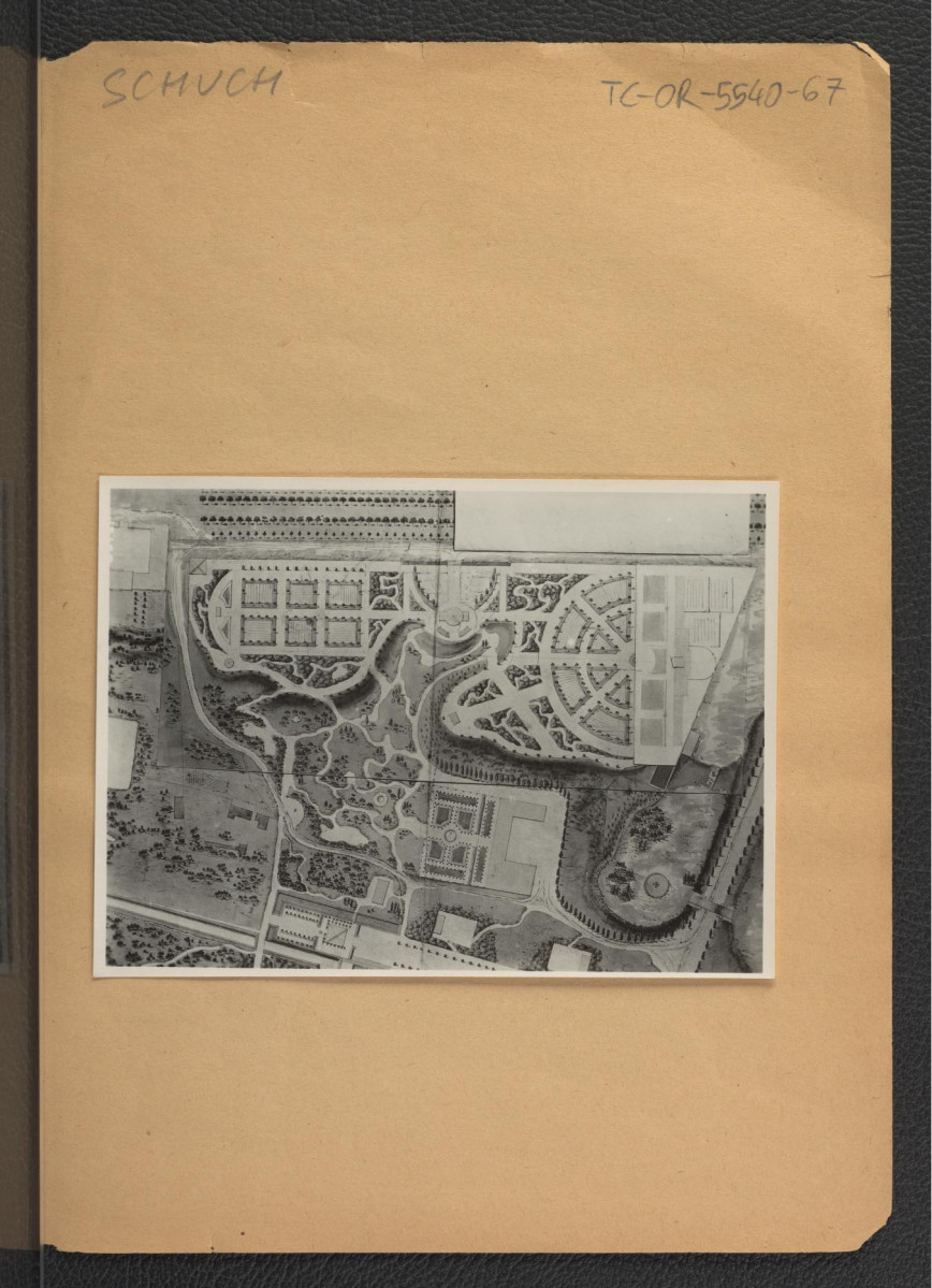 fotografia czarno-biała przedstawiająca plan zachodniej części parku z ok. 1788 r. z projektowanym przekształceniem na wzór terenu dawnej wsi Ujazdowa, skan 1