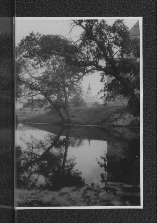fotografia czarno-biała przedstawiająca fragment zamku i widoczną w dalszym tle wieże ratusza, skan 1
