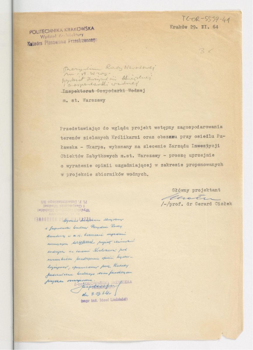 prośba z 29 lutego 1964 r. ze strony G. Ciołka do Wydziału Inzynierii Miejskiej i Gospodarki Wodnej Prezydium Rady Narodowej m.st. Warszawy o wyrażenie opinii uzgadniającej w zakresie prowadzonych w projekcie zbiorników wodnych wraz z opinią zastępcy Głównego Inżyniera Miejskiego, Józefa Liebfelda, z 3 marca 1964 r.; trzy karty , skan 1