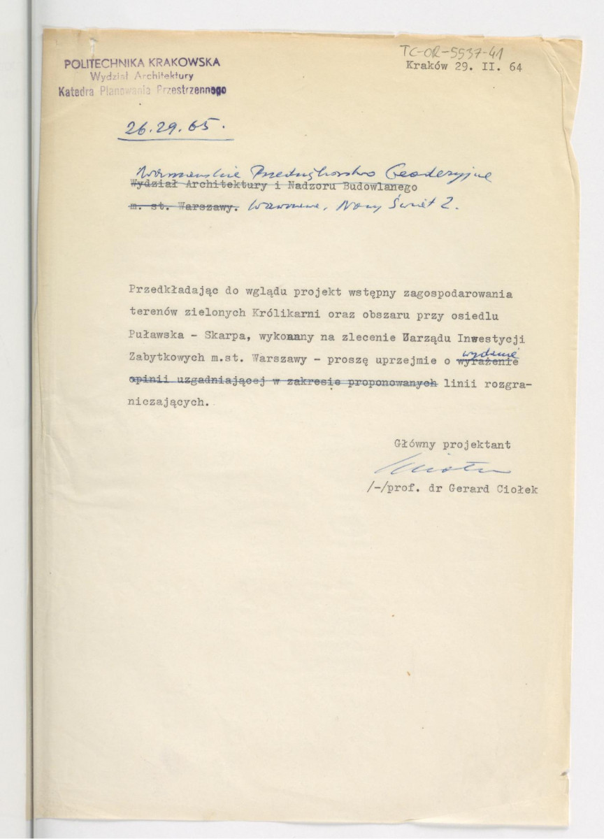 prośba z 29 lutego 1964 r. ze strony G. Ciołka do Wydziału Inzynierii Miejskiej i Gospodarki Wodnej Prezydium Rady Narodowej m.st. Warszawy o wyrażenie opinii uzgadniającej w zakresie prowadzonych w projekcie zbiorników wodnych wraz z opinią zastępcy Głównego Inżyniera Miejskiego, Józefa Liebfelda, z 3 marca 1964 r.; trzy karty , skan 2