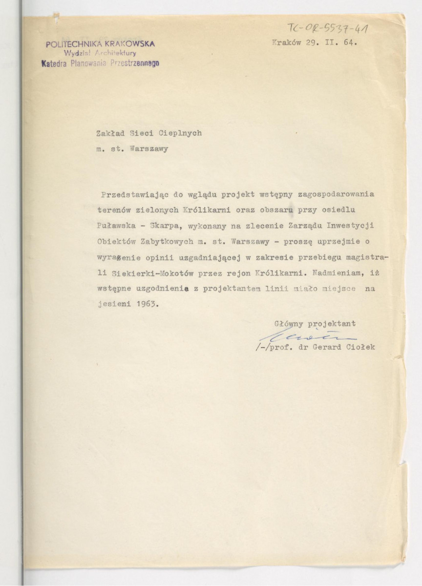 prośba z 29 lutego 1964 r. ze strony G. Ciołka do Wydziału Inzynierii Miejskiej i Gospodarki Wodnej Prezydium Rady Narodowej m.st. Warszawy o wyrażenie opinii uzgadniającej w zakresie prowadzonych w projekcie zbiorników wodnych wraz z opinią zastępcy Głównego Inżyniera Miejskiego, Józefa Liebfelda, z 3 marca 1964 r.; trzy karty , skan 3