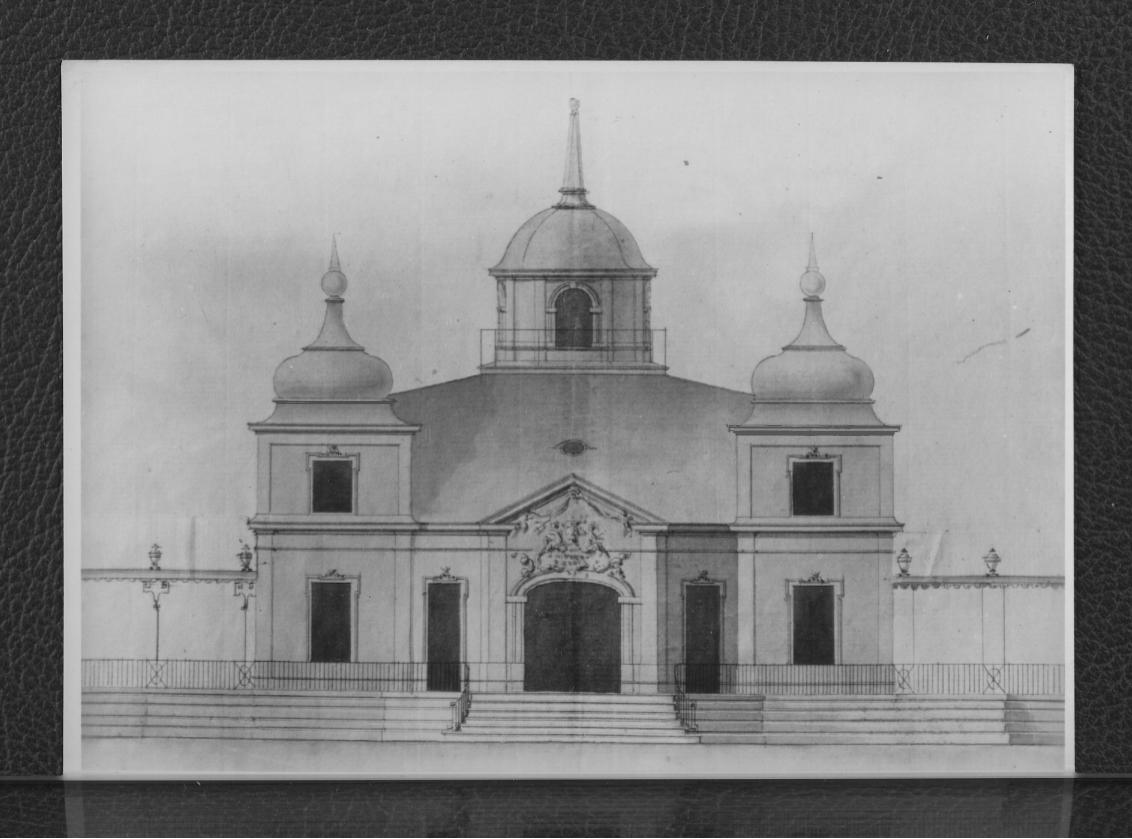 3 fotografie czarno-białe przedstawiające  elewacje północną łaźni Stanisława Lubomirskiego z projektowanymi gankami chińskimi z ok. 1784 r., skan 1