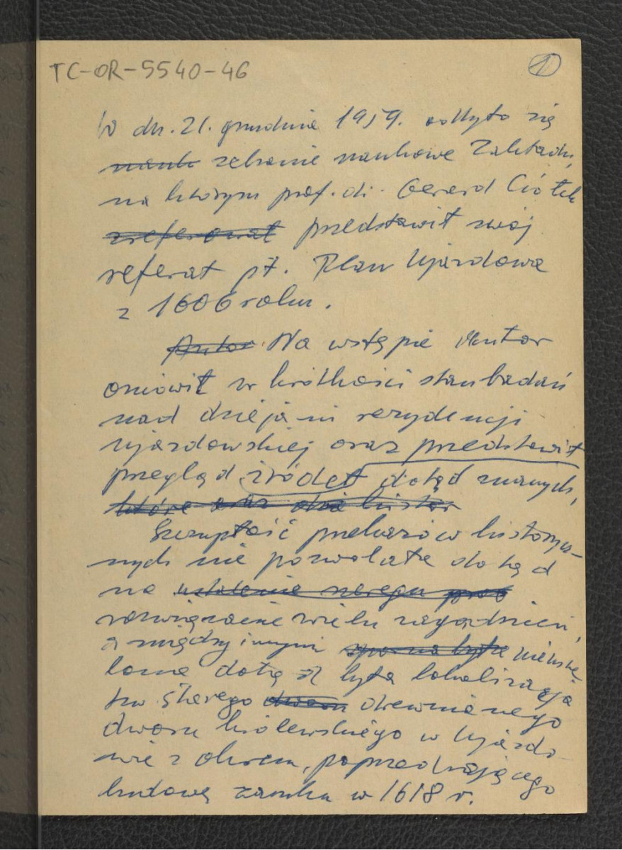 notatki ze spotkania z 21 grudnia 1959 r. Zakładu Architektury Polskiej PW na którym G. Ciołek przedstawił swój referat Plan Ujazdowa z 1606 r.; sześć kart , skan 1