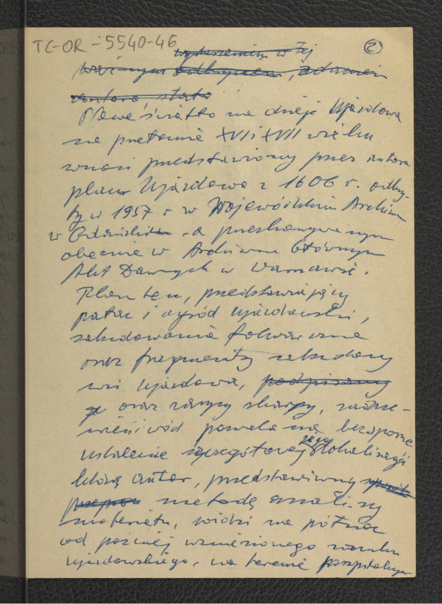 notatki ze spotkania z 21 grudnia 1959 r. Zakładu Architektury Polskiej PW na którym G. Ciołek przedstawił swój referat Plan Ujazdowa z 1606 r.; sześć kart , skan 2
