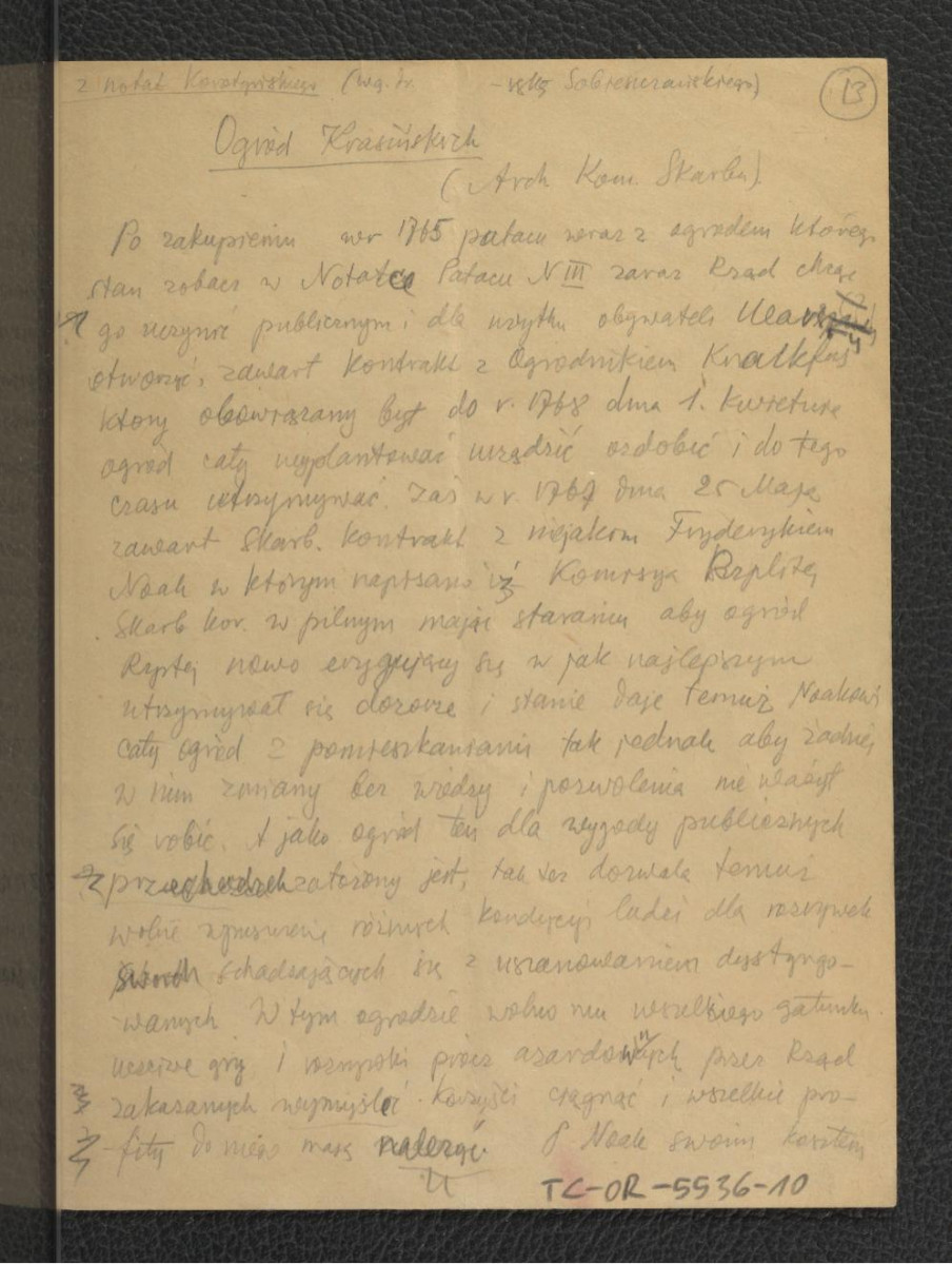 fragmenty wypisu z Inwentarza Ogrodu przy Pałacu Krasińskich 12 sierpnia 1769 r. sporządzony ze zbiorów Archiwum Komisji Skarbowej zawierający charakterystykę miejscowego ogrodu; trzy karty , skan 1