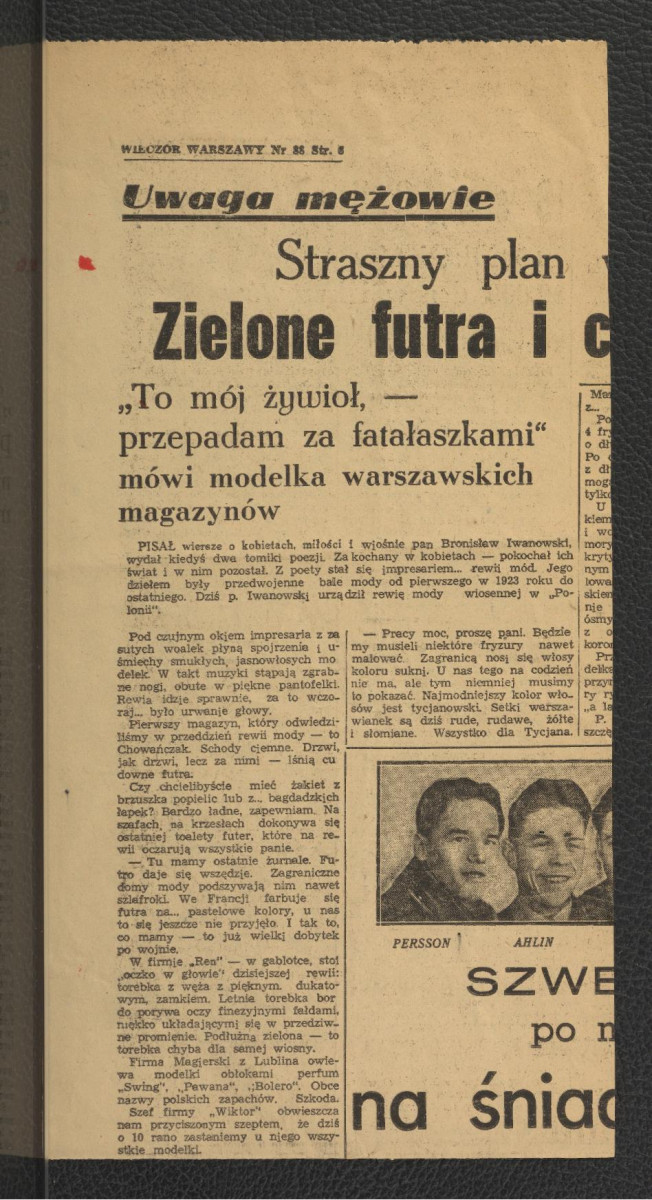 wycinek z „Wieczór Wybrzeża” nr 88, s. 5-6 zawier. tekst 16 sarn, 3 lisy, tysiące ryb, 80000 kwiatów, 10000 drzew i krzewów. Co ujrzmy w tym roku w Łazienkach?, skan 2