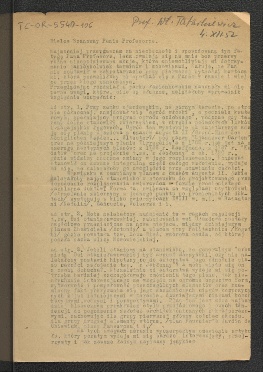 fragment listu prawdopodobnie skierowanego do prof. Władysława Tatarkiewicza z 4 grudnia 1952 r. dotyczący rekonstrukcji Zamku Ujazdowskiego , skan 1