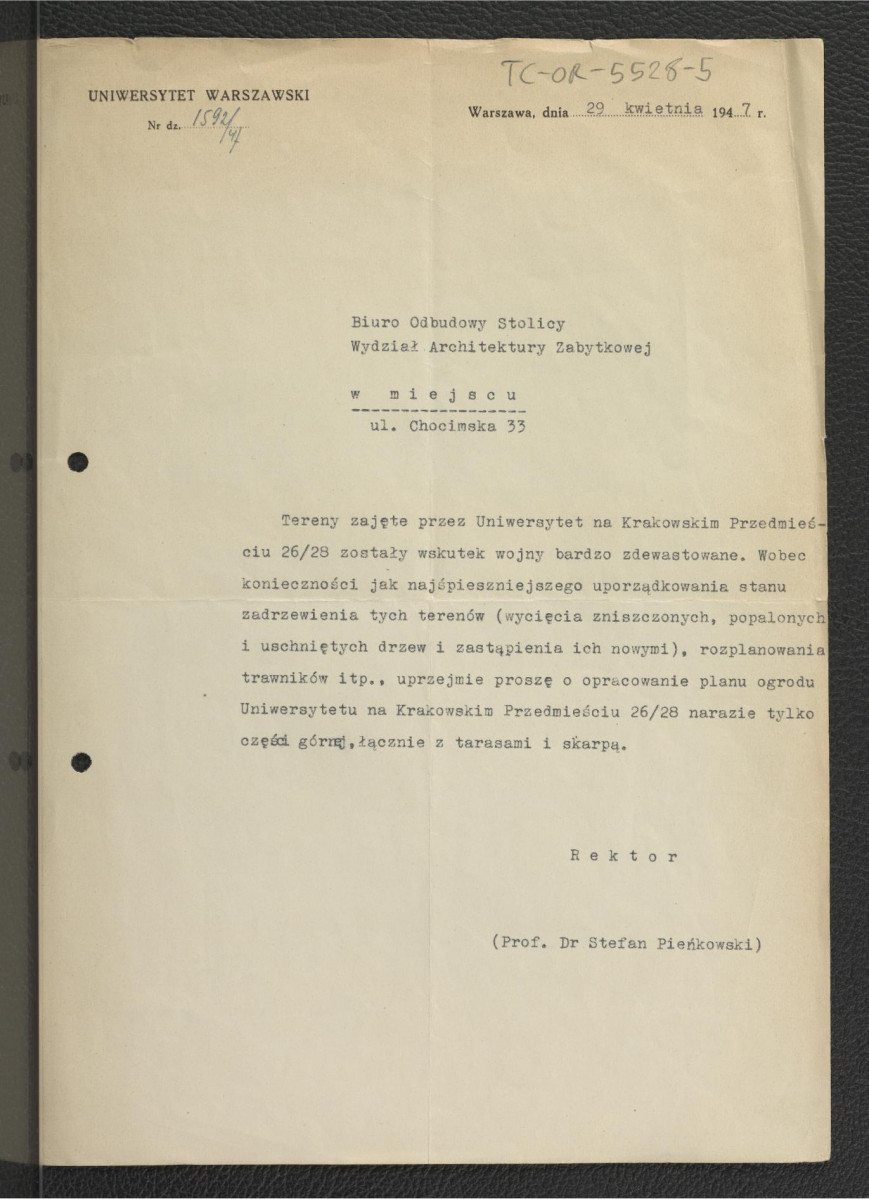 prośba z 29 kwietnia 1947 r. ze strony Biura Odbudowy Stolicy do G. Ciołka w sprawie opracowania planu ogrodu Uniwersytetu na Krakowskim Przedmieściu 26/28 – górnej części wraz z tarasami i skarpą , skan 1