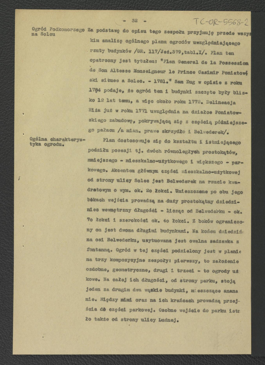 fragment pracy Tomicka W., Ogrody księcia Podkomorzego Kazimierza Poniatowskiego  w Warszawie w: „Ochrona Zabytków” nr 6/4 (23) 228-239 (1953) dotyczący Solca                     , skan 7