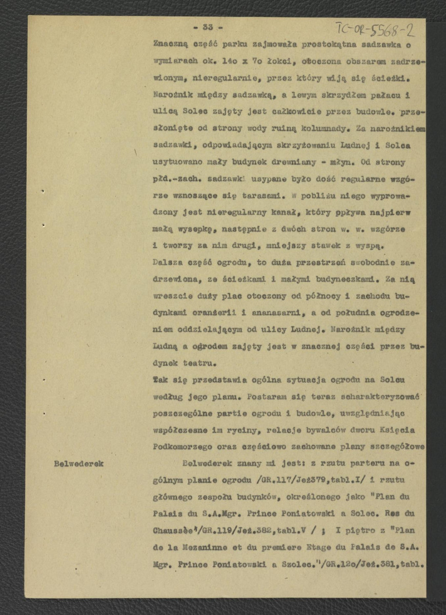 fragment pracy Tomicka W., Ogrody księcia Podkomorzego Kazimierza Poniatowskiego  w Warszawie w: „Ochrona Zabytków” nr 6/4 (23) 228-239 (1953) dotyczący Solca                     , skan 8