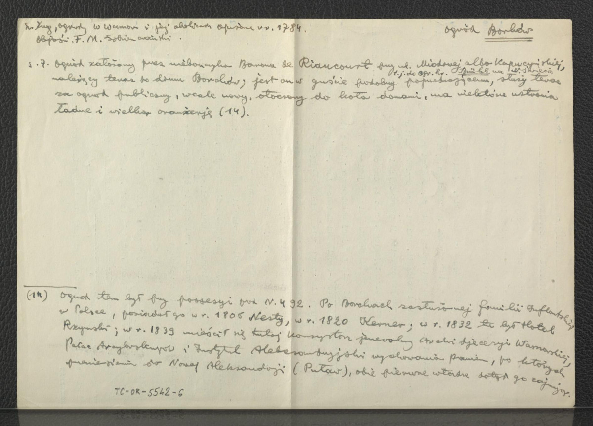 wypis z Zug S., Ogrody w Warszawie i jej okolicach opisane w 1784, Warszawa 1898, s. 7 i 14 dotyczący miejscowego ogrodu oraz tamtejszej oranżerii , skan 1