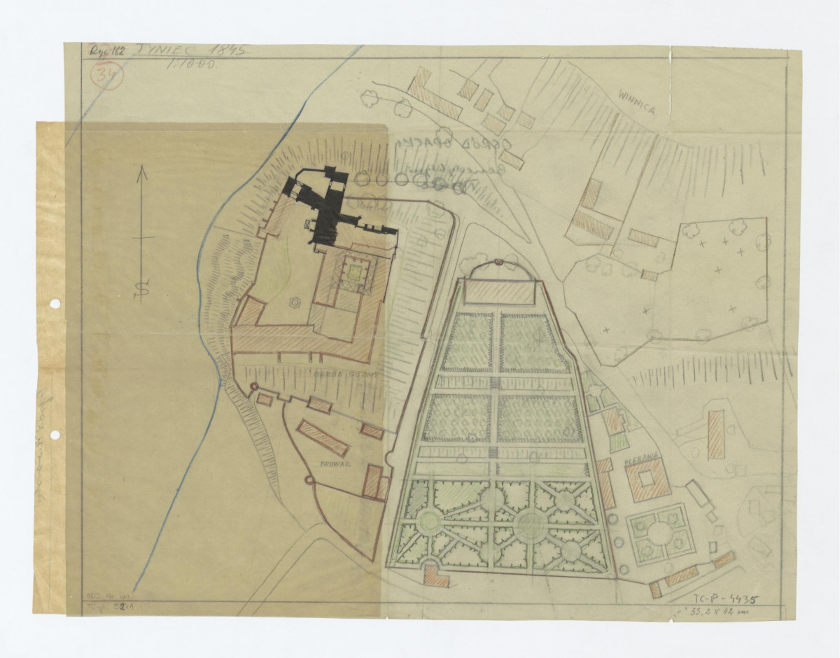 plan sytuacyjny ogrodu, klasztoru z kościołem i zabudowaniami klasztornymi oraz terenów przylegających. Sytuacja z 1845 roku, skan 1