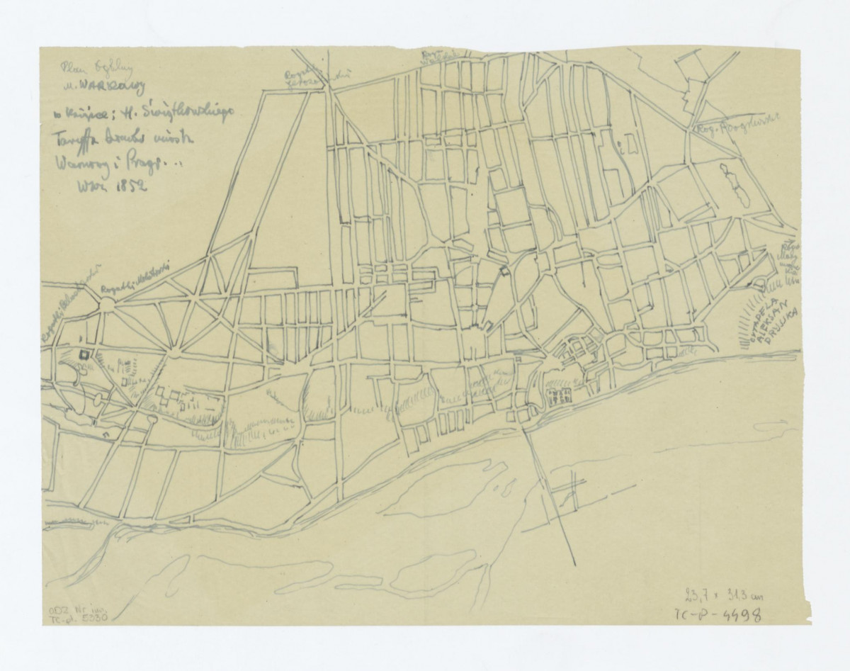 plan ogólny Miasta Warszawy i przedmieścia Pragi - szkic według W. Świątkowski, Taryffa domów Miasta Warszawy i Pragi. Warszawa 1852, skan 1