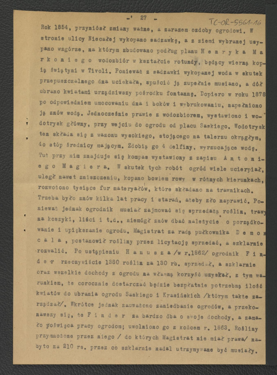 fragment tekstu z Drege J., Ogrody w Polsce w: Wielka Encyklopedya Powszechna Ilustrowana, t. IV, Warszawa 1904 dotyczący miejscowego ogrodu; dziesięć kart , skan 9
