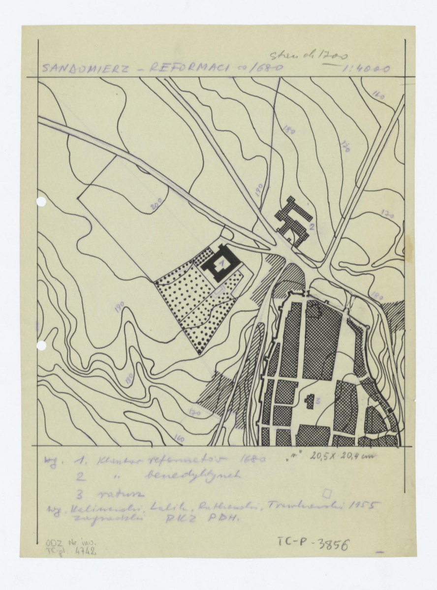 sytuacja miejska klasztoru według stanu z około 1700 roku według Kalinowskiego, Lalika, Rutkowskiego, Trawkowskiego, Zagrodzkiego Pracownie Konserwacji Zabytków P.D.H. 1955 rok, skan 1