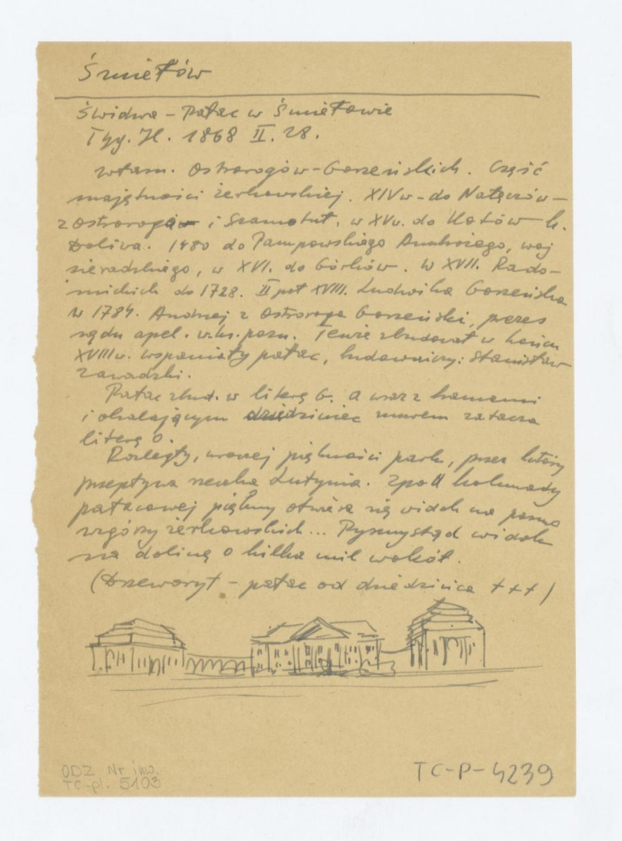 elewacja frontowa. Napis omawiający historię pałacu i parku oraz ich opis. Przerys z Tygodnika Ilustrowanego 1868.II.28, skan 1