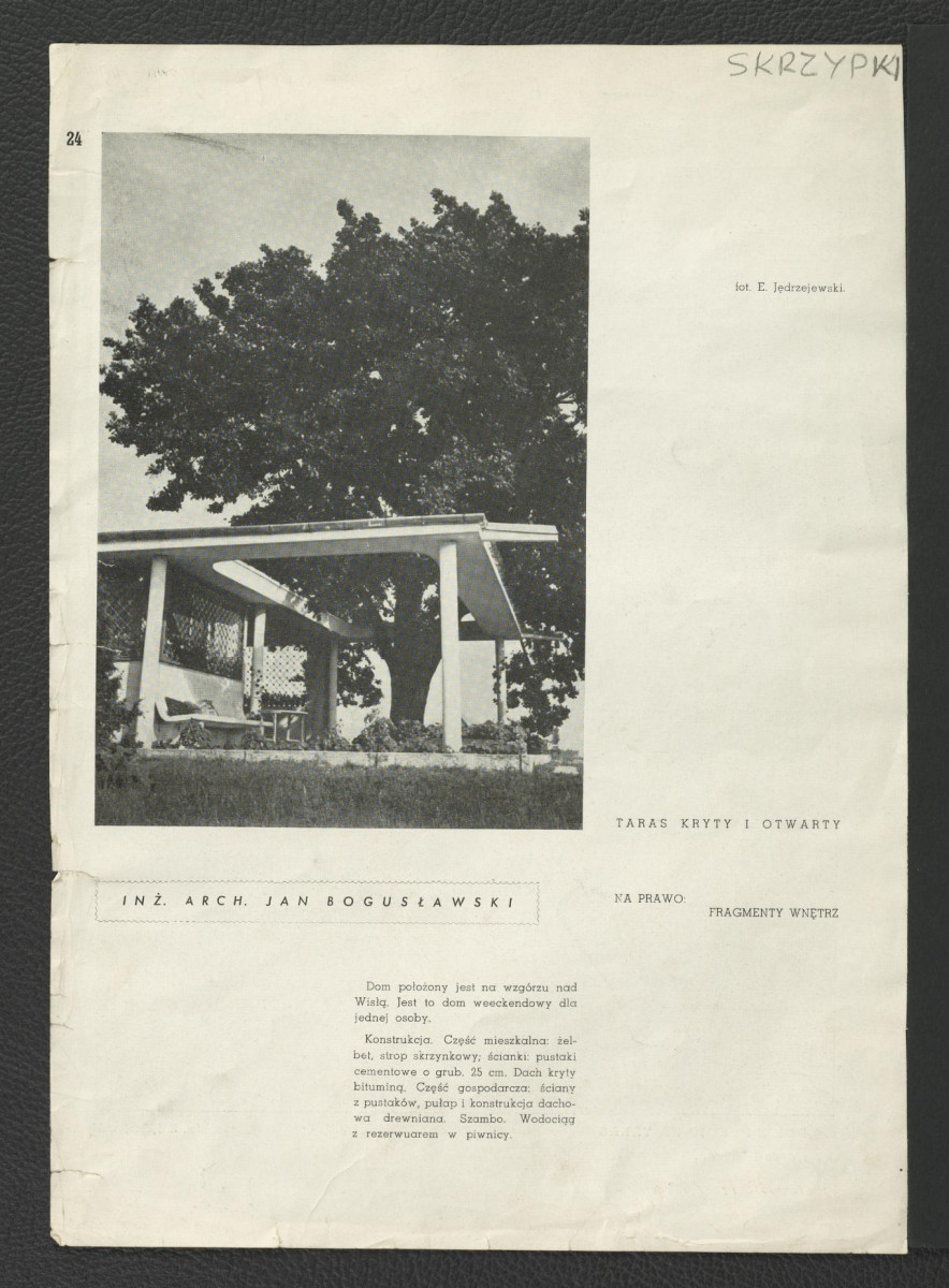 karta pochodząca z Bogusławski J., Dom letni w Skrzypkach, 1939 – być może z czasopisma „Architektura i Budownictwo” zawierającego plan miejscowej posesji oraz 2 fotografii czarno-białej autorstwa E. Jędrzejewskiego, skan 2
