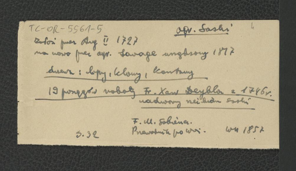 wypis z F.M. Sobien, Przewodnik po Warszawie, Warszawa 1857, s. 32 wzmiankujący założenie ogrodu z inicjatywy Augusta II w 1727 r. oraz tamtejszy drzewostan i 19 posągów wykonanych przez Franciszka Xawerego Deybla z 1746 r. , skan 1
