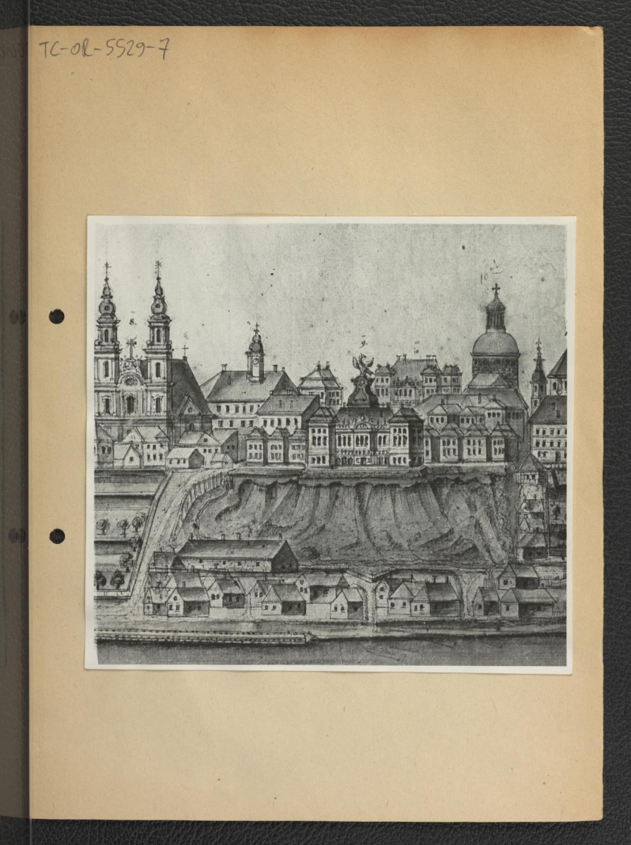 fotografia czarno-biała reprodukcji ryciny przedstawiająca fragment panoramy Warszawy w latach 1775-1778, skan 1