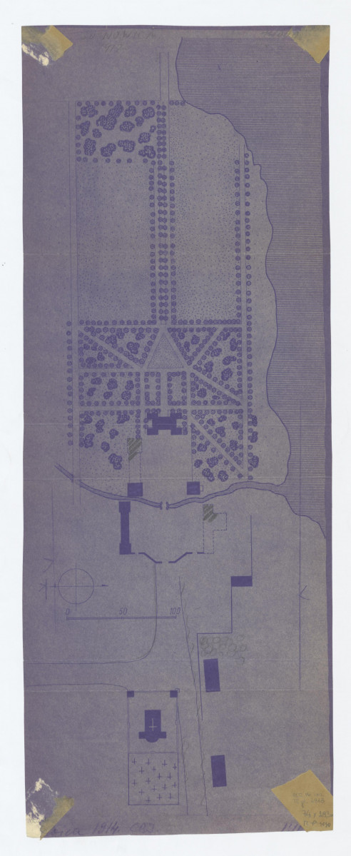 plan sytuacyjny. Ołówkiem zaznaczone zmiany przebiegu dróg oraz zachowane fragmenty architektury. Napisy: SOSNOWICA 1917; Sosnowica 1914. CBJ, skan 1