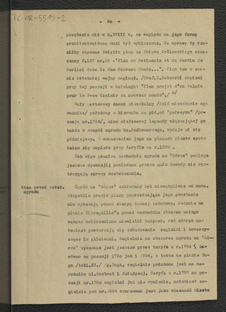fragment opracowania – Tomicka W., Ogrody księcia Podkomorzego Kazimierza Poniatowskiego  w Warszawie w: „Ochrona Zabytków” nr 6/4 (23) 228-239 (1953) – dotyczący posesji w rejonie ul. Książęcej, Wiejskiej i Rozbrat                                            , skan 5