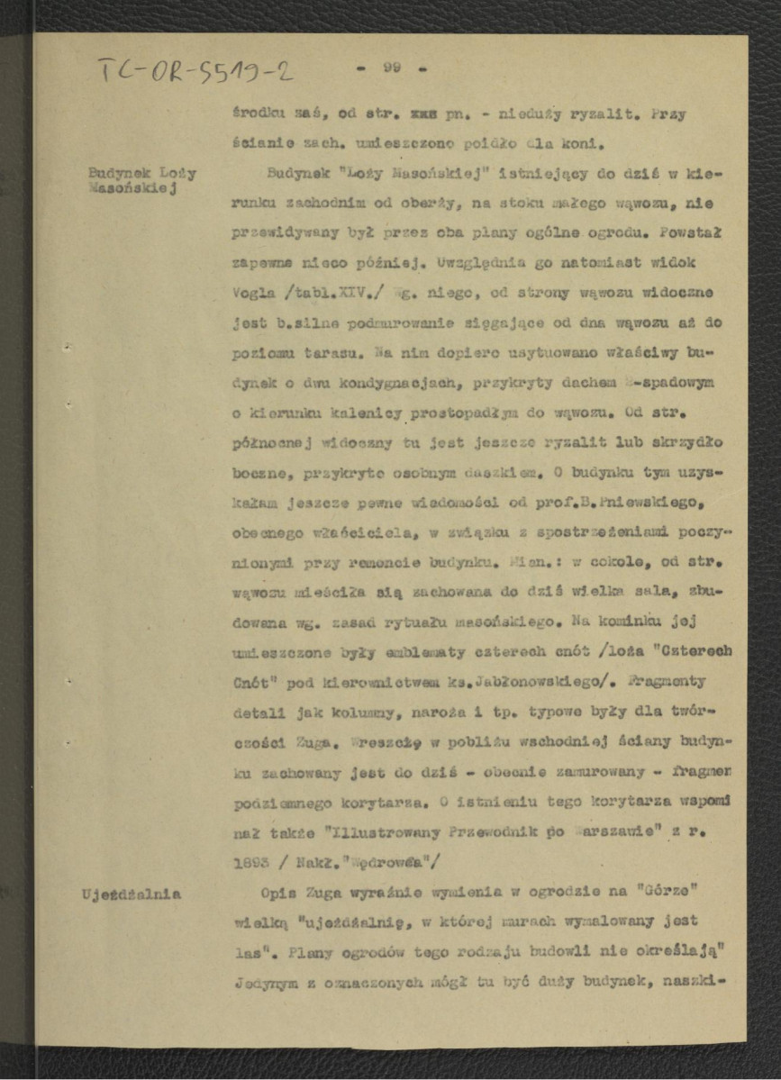 fragment opracowania – Tomicka W., Ogrody księcia Podkomorzego Kazimierza Poniatowskiego  w Warszawie w: „Ochrona Zabytków” nr 6/4 (23) 228-239 (1953) – dotyczący posesji w rejonie ul. Książęcej, Wiejskiej i Rozbrat                                            , skan 14