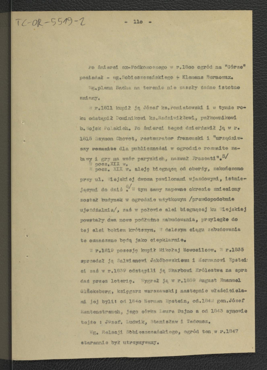 fragment opracowania – Tomicka W., Ogrody księcia Podkomorzego Kazimierza Poniatowskiego  w Warszawie w: „Ochrona Zabytków” nr 6/4 (23) 228-239 (1953) – dotyczący posesji w rejonie ul. Książęcej, Wiejskiej i Rozbrat                                            , skan 20