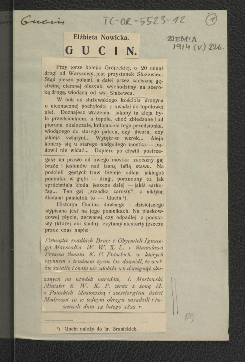 wycinek z „Ziemia” V (1914), s. 225 zawierający tekst autorstwa Elżbiety Nowickiej dotyczący miejscowej rezydencji , skan 1