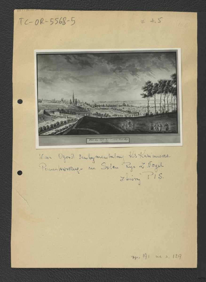 fotografia czarno-biała reprodukcji akwarelii autorstwa Z. Vogla ukazującej ogród sentymentalny księcia Kazimierza Poniatowskiego na Solcu , skan 1