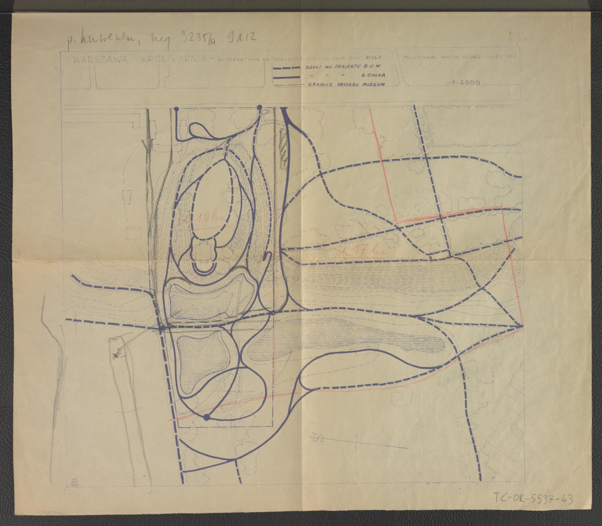 projekt rekonstrukcji ogrodu Królikarnia (1 : 2000) Gerarda Ciołka, 1958; alternatywa na podkładzie opracowania BUW 9436/1                                                                                     , skan 1