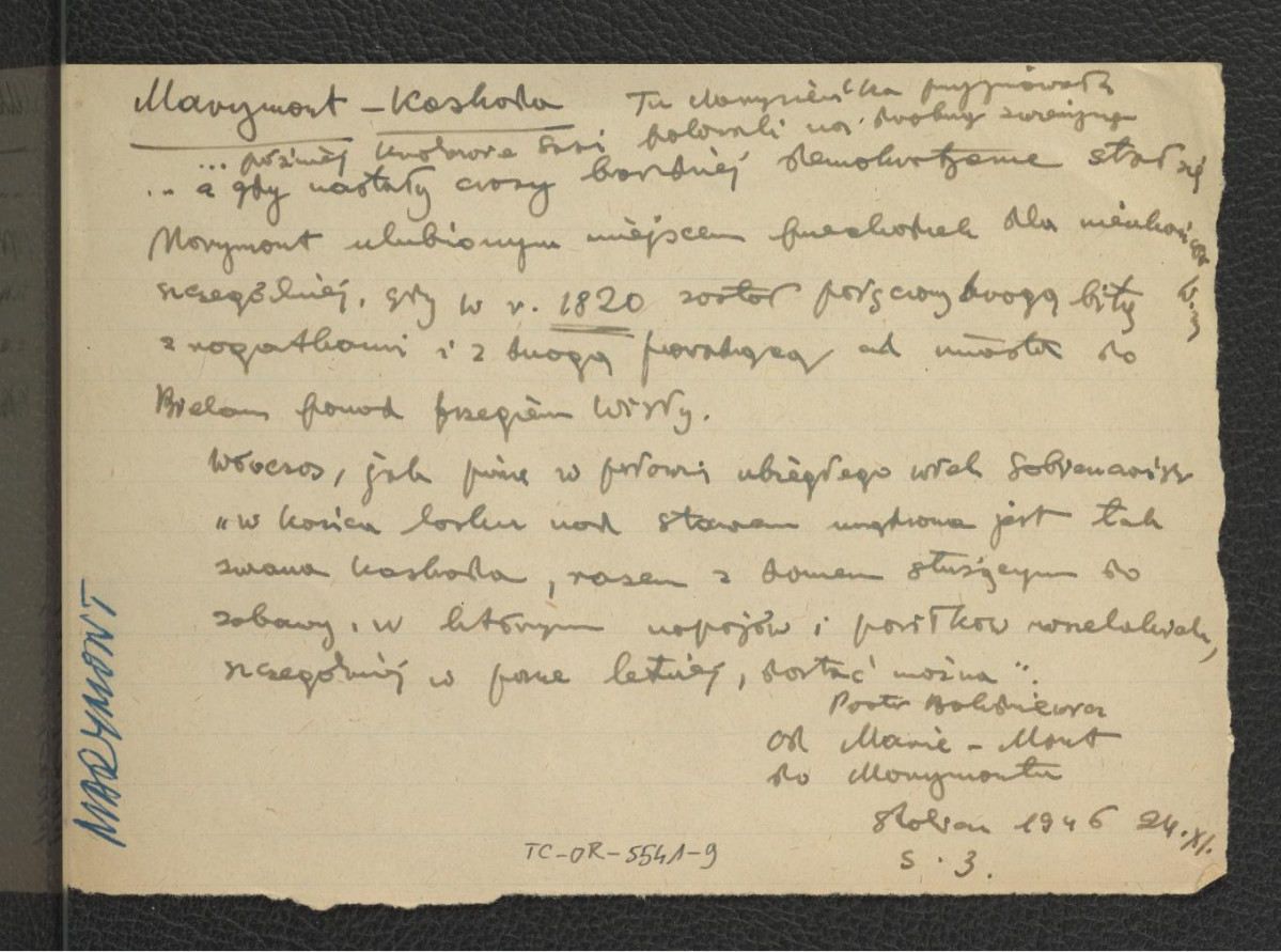 wypis z Bohdziewicz P., Od Marie-Mont do Marymontu w: „Stolica” 17-24 XI (1946) dotyczący miejscowego pałacu , skan 1