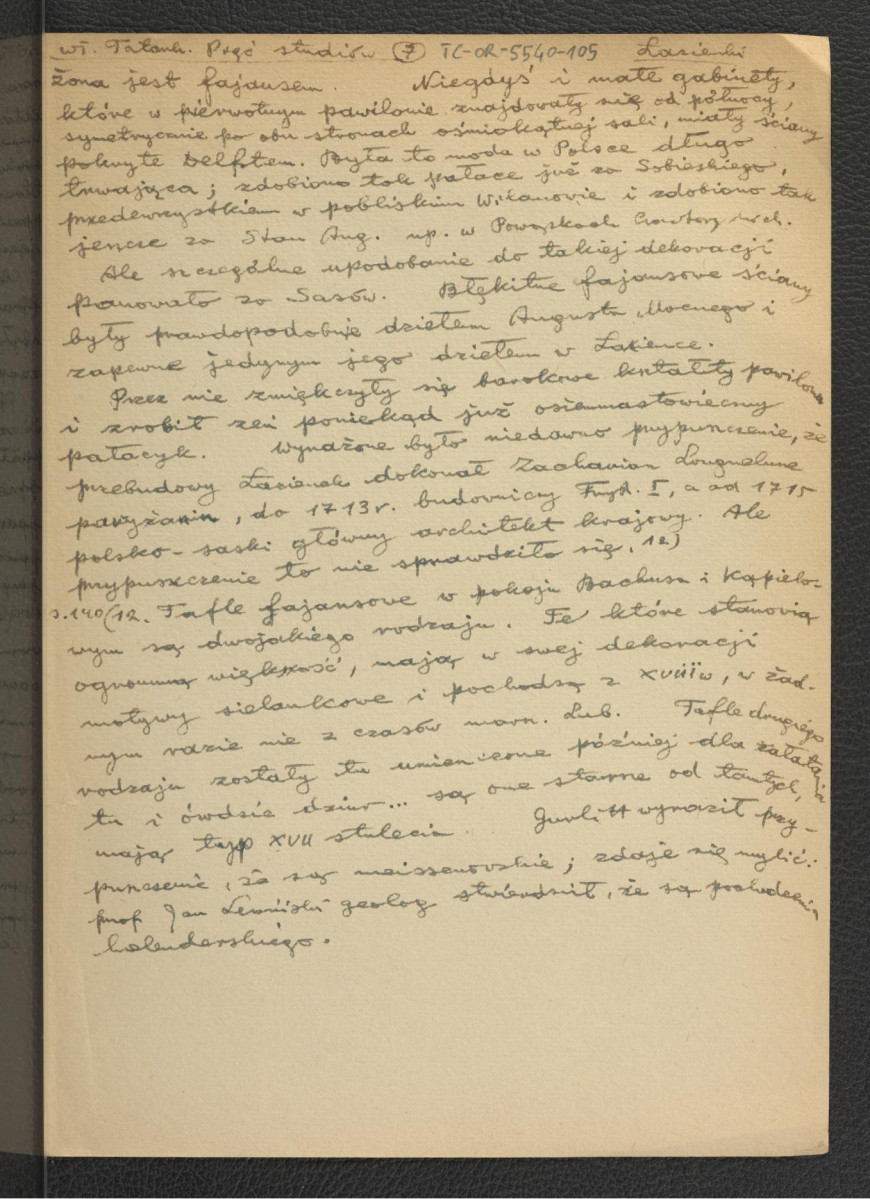 wypis z Tatarkiewicz W., Pięć studiów o Łazienkach Stanisława Augusta, Lwów 1925, s.7, 11-12, 14-15, 18, 140, skan 7