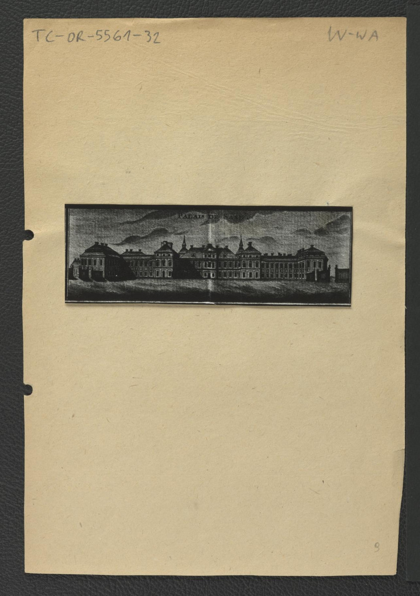 fotografia czarno-biała reprodukcji ryciny ukazującej elewację frontową Pałacu Saskiego, skan 1