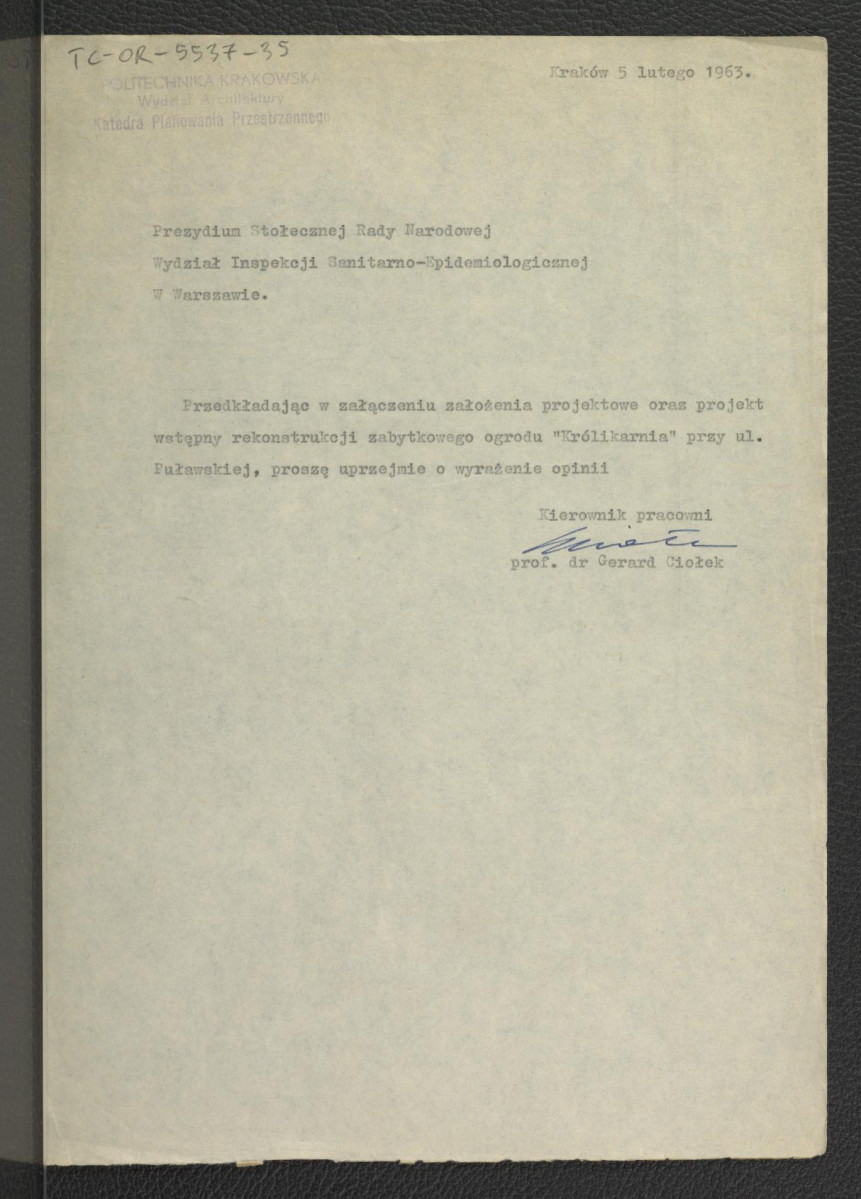 prośba z 5 lutego 1963 r. ze strony G. Ciołka do Wydziału Inspekcji Sanitarno - Epidemiologicznej Prezydium Stołecznej Rady Narodowej w Warszawie o wyrażenie opinii, skan 1