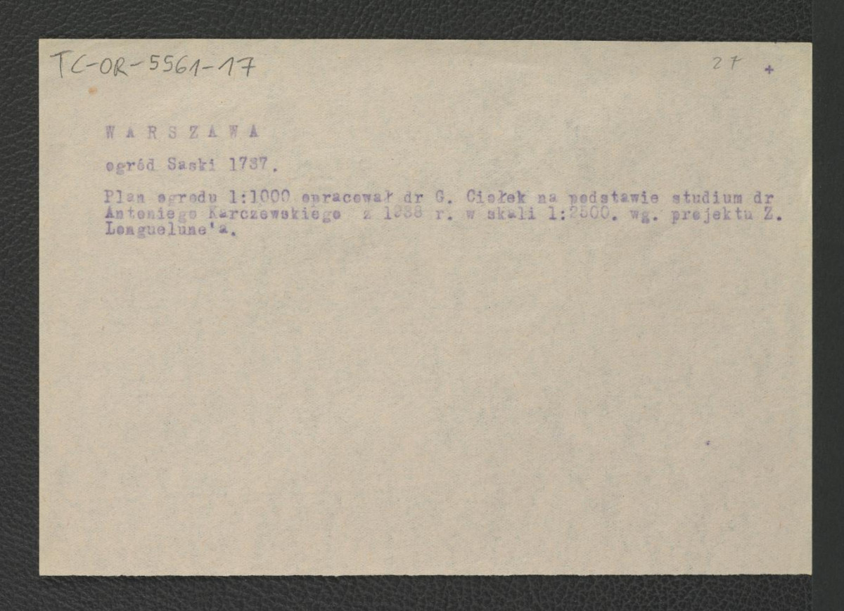 opis planu ogrodu (1 : 1000) opracowanego przez G. Ciołka na podstawie studium Antoniego Karczewskiego z 1938 r. (1 : 2500) według projektu Z. Longuelune’a , skan 1