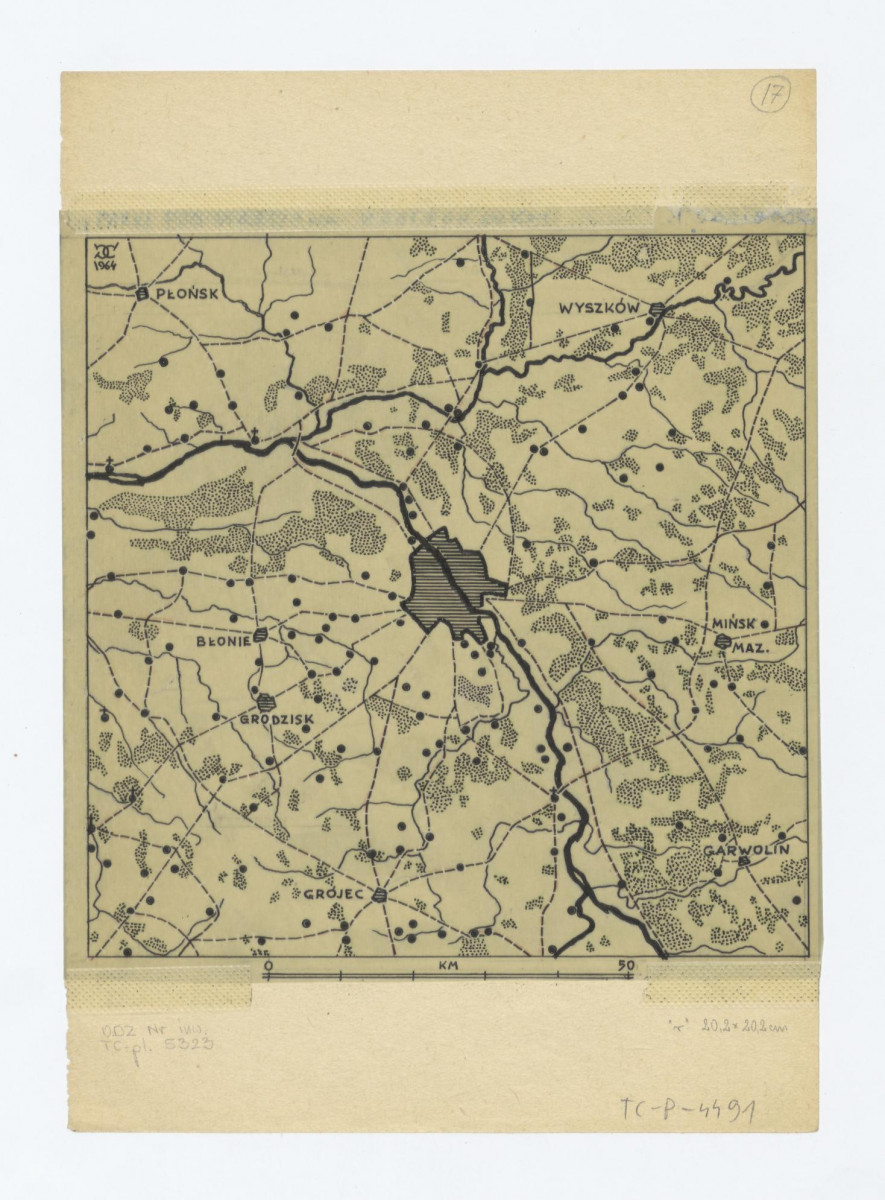 schematyczna mapka wykazująca zalesienia okolic Warszawy. Na podkładzie plansza numerowana: 17, skan 1