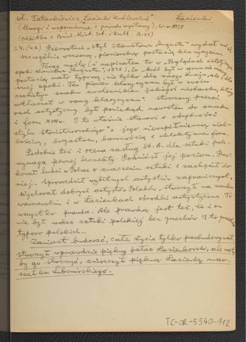 wypis z Tatarkiewicz W., Łazienki Królewskie, Warszawa 1938, s. 42, skan 1