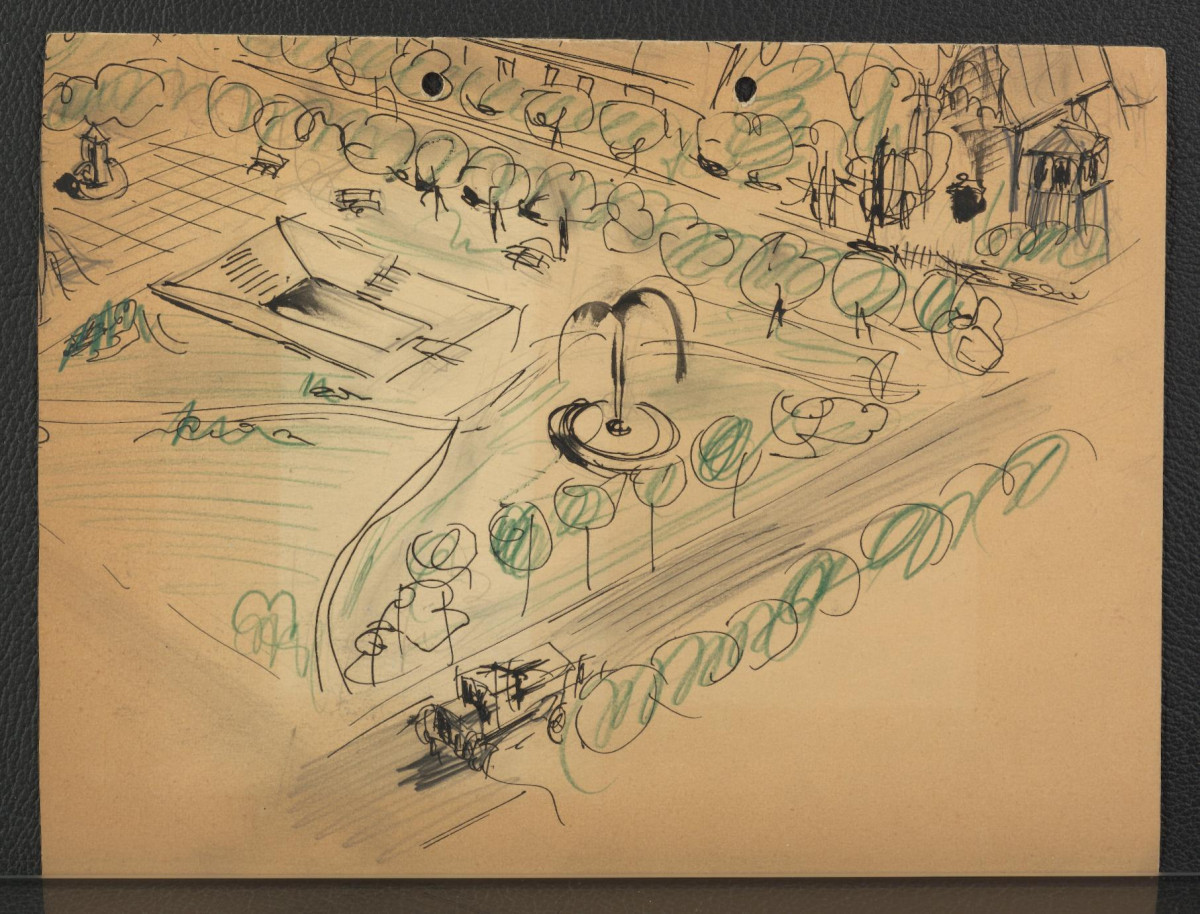 fotografia czarno-biała reprodukcji ryciny ukazującej miejscowe założenie pałacowo-parkowe, skan 2