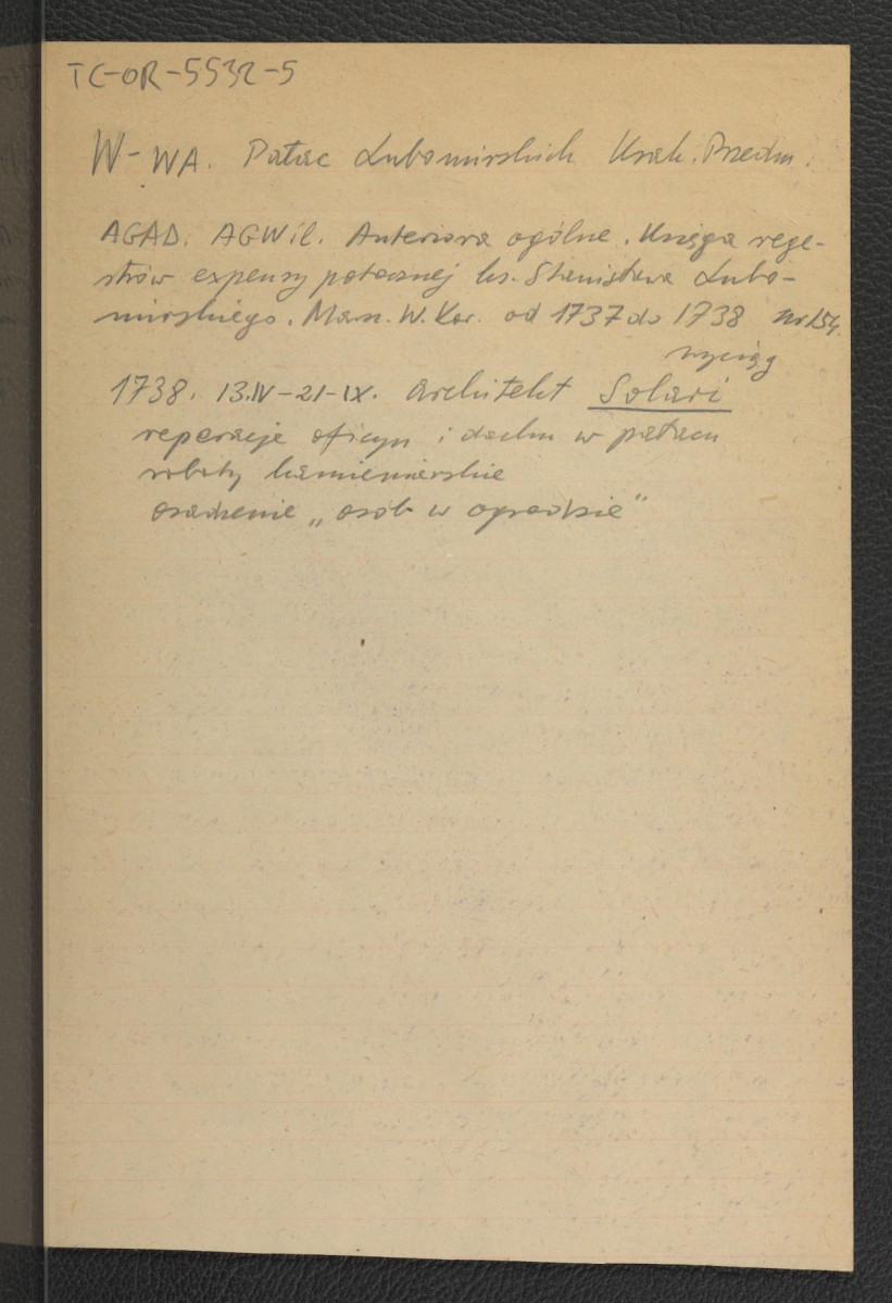 wypis z AGAD Anetriora ogólne. Księga rejestrów expensy ks. Stanisława Lubomirskiego nr 154 (1737-8) wzmiankujący architekta Solari(?) 1738 13IV-21IX, skan 1