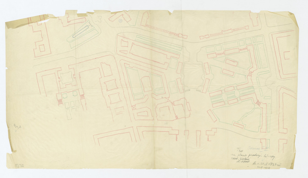 odrys planu Warszawy z zaznaczeniem na nim istniejącej zieleni, skan 1