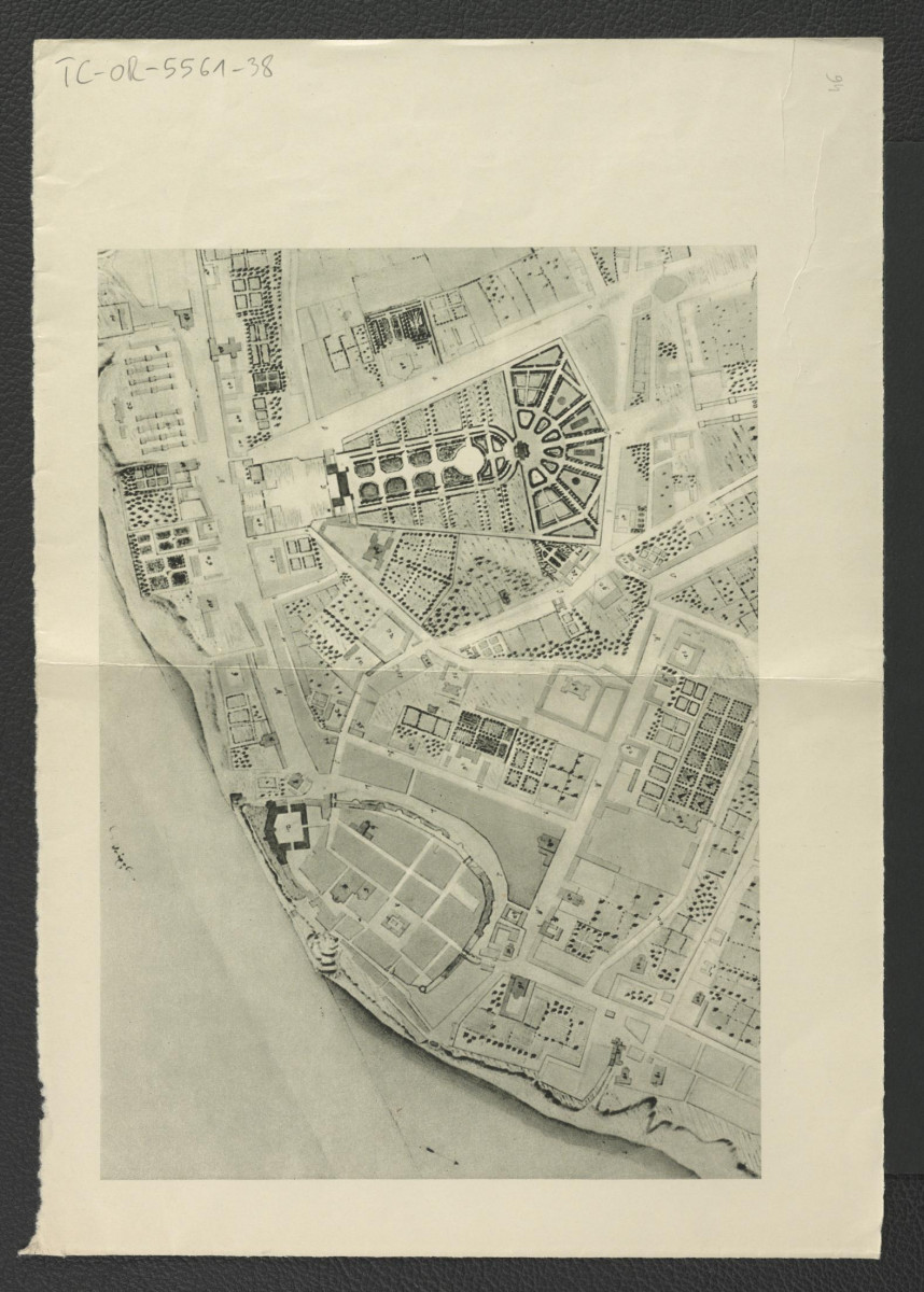 2 nadbitki reprodukcji planu zamieszczonego w Ciołek G., Ogrody polskie, Warszawa 1954, s. 72, a ukazującego układ miejscowego założenia ogrodowego w planie Warszawy z 1732 r.    , skan 1