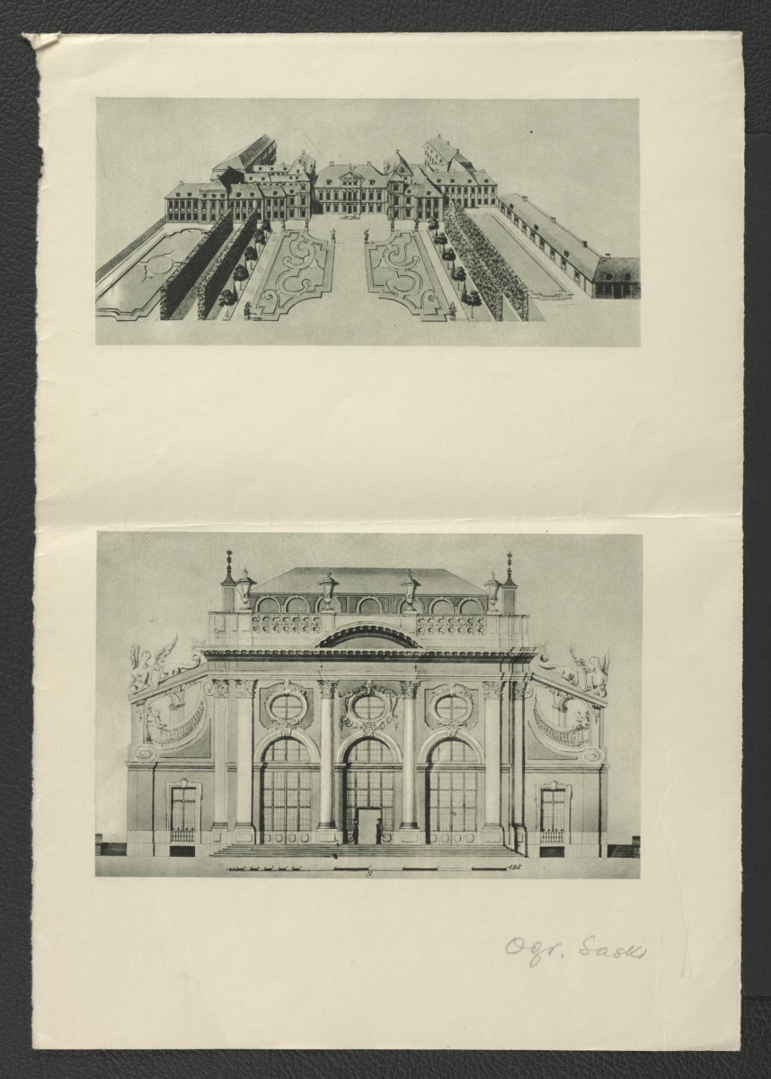 2 nadbitki reprodukcji planu zamieszczonego w Ciołek G., Ogrody polskie, Warszawa 1954, s. 72, a ukazującego układ miejscowego założenia ogrodowego w planie Warszawy z 1732 r.    , skan 2