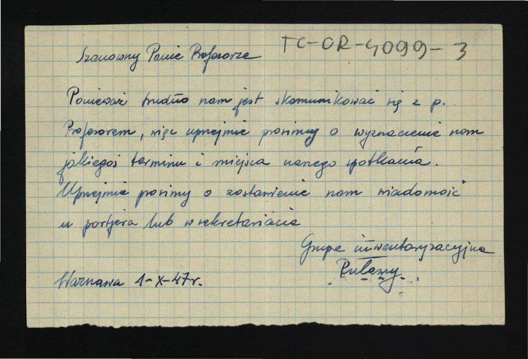 prośba o spotkanie prawdopodobnie z G. Ciołkiem ze strony Grupy Inwentaryzacyjnej dla Puław z 1 października 1947 r. , skan 1