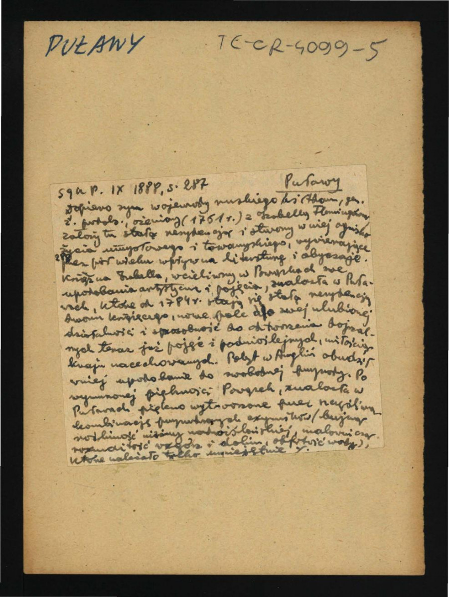 wypis z Słownik Geograficzny Królestwa Polskiego   t. IX, s. 287 dotyczący starań Izabelii Czartoryskiej z Flemingów w zamiarze utworzenia ogrodu w tej miejscowości według wzorców angielskich , skan 1