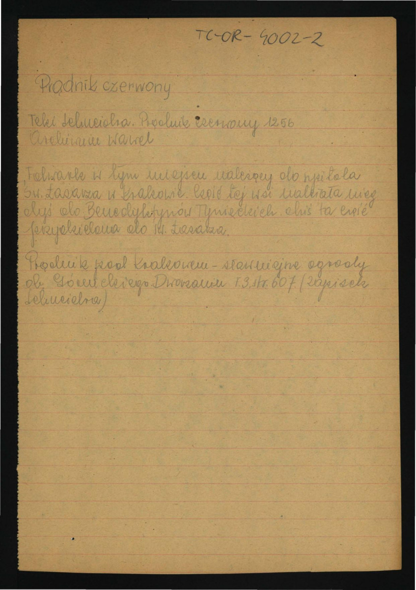 wypis z Teki Schneidra (nr 1256) dotyczący miejscowego folwarku oraz jego przynależności do benedyktynów z Tyńca , skan 1