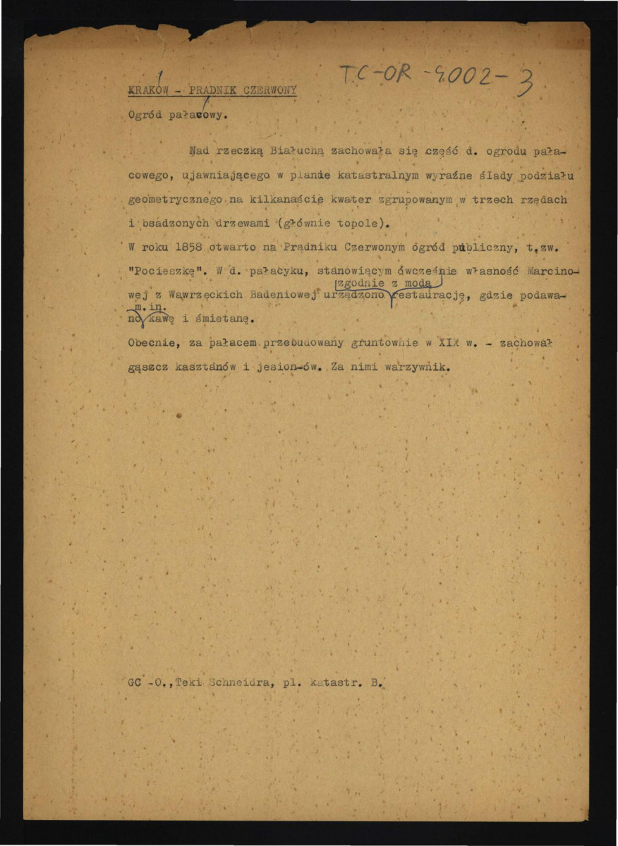 wypis z Ciołek G., Ogrody polskie, Warszawa 1954, Teki Schneidra oraz planu katastralnego dotyczący usytuowania miejscowego ogrodu pałacowego wykazującego ślady podziału geometrycznego na kilkanaście kwater , skan 1