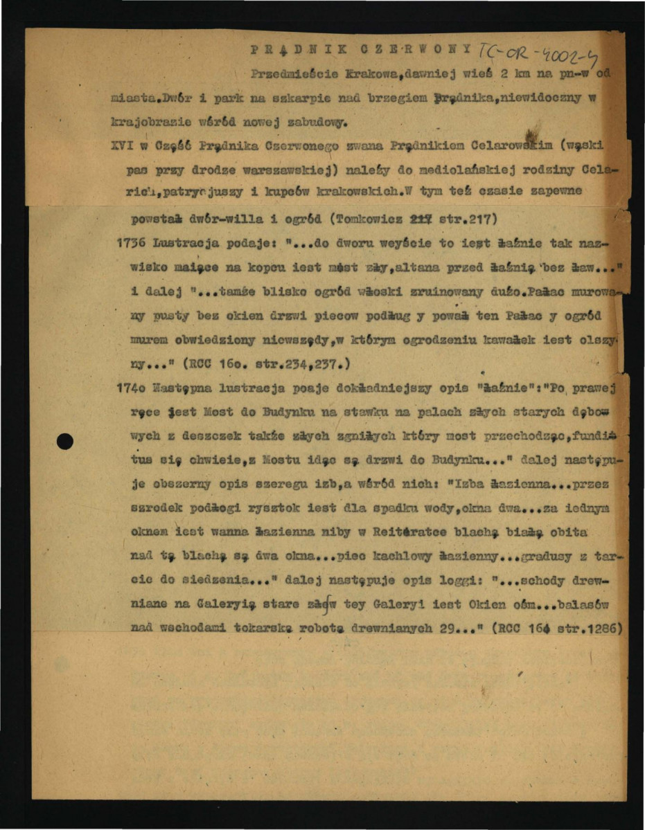 notatka zawierająca informacje na temat miejscowej posesji, jej stanu na lata 60. XX w., elementów architektonicznych, rekonstrukcji, datowania, uwagi konserwatorskie; dwie karty , skan 1